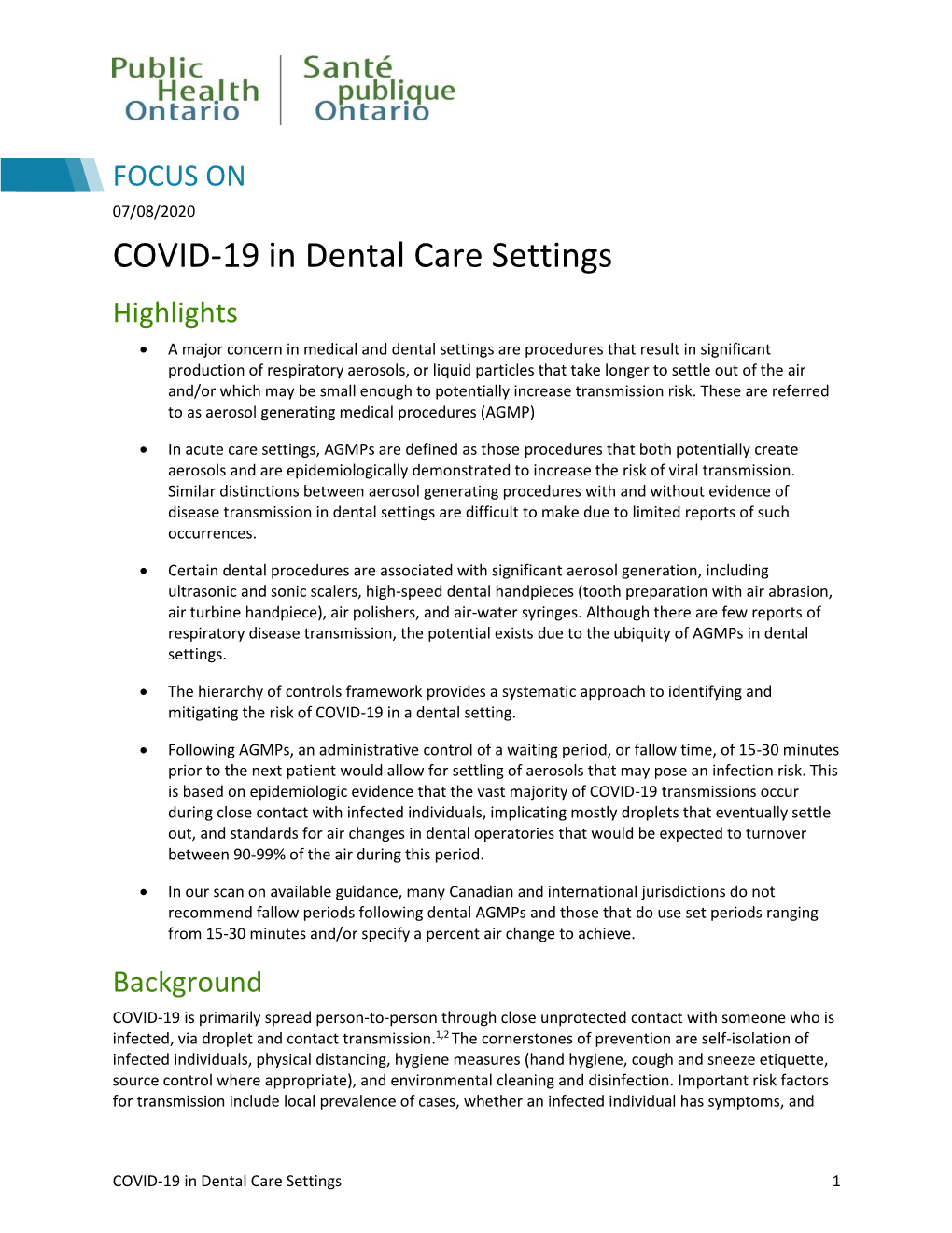 Focus on COVID-19 in Dental Care Settings