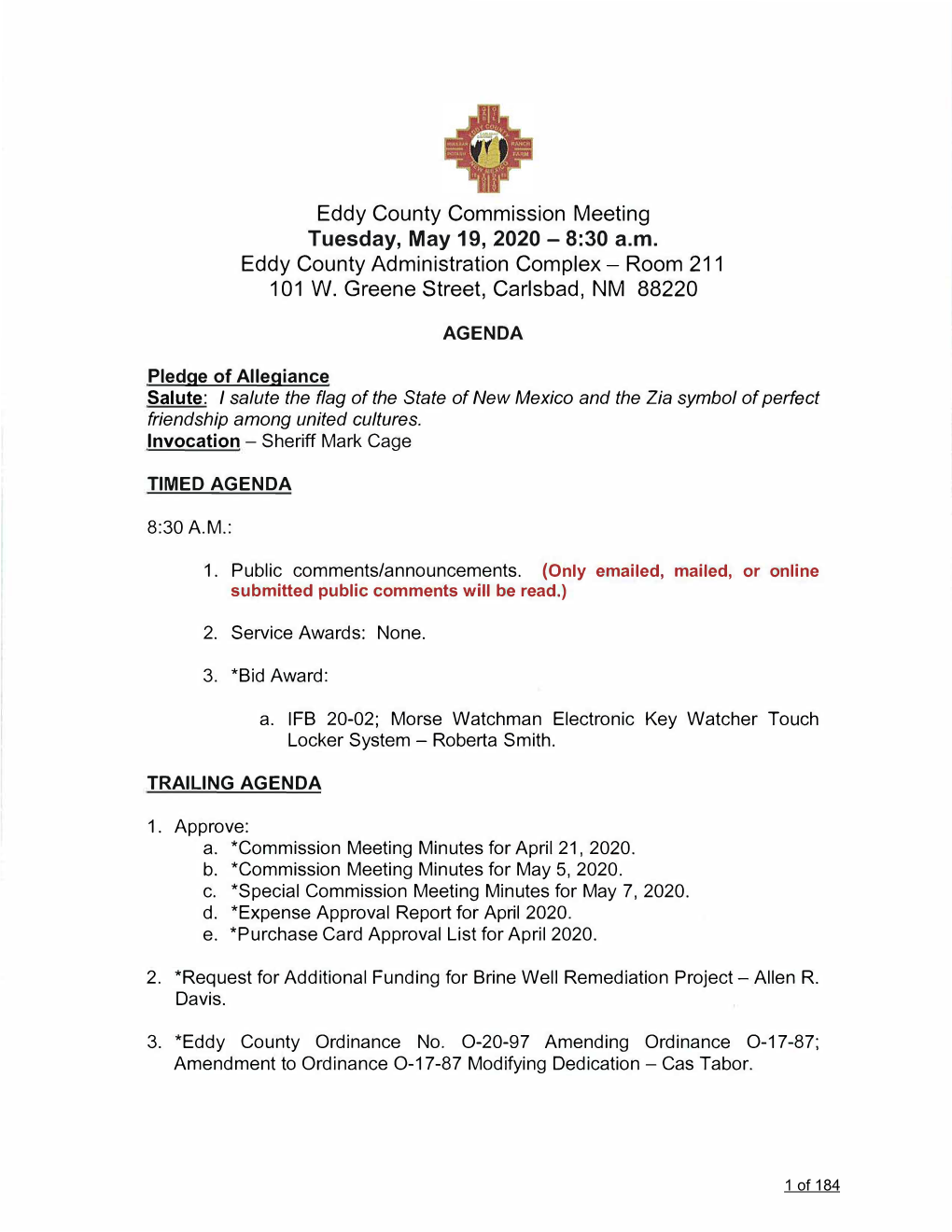 Eddy County Commission Meeting Tuesday, May 19, 2020 - 8:30 A.M