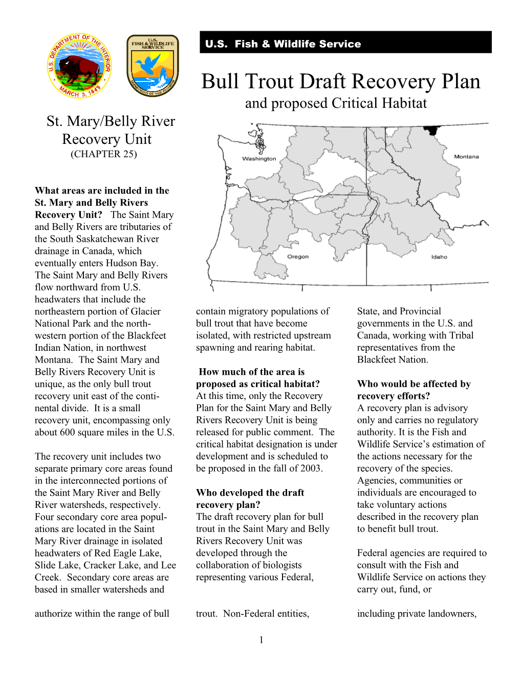 Bull Trout Draft Recovery Plan and Proposed Critical Habitat St