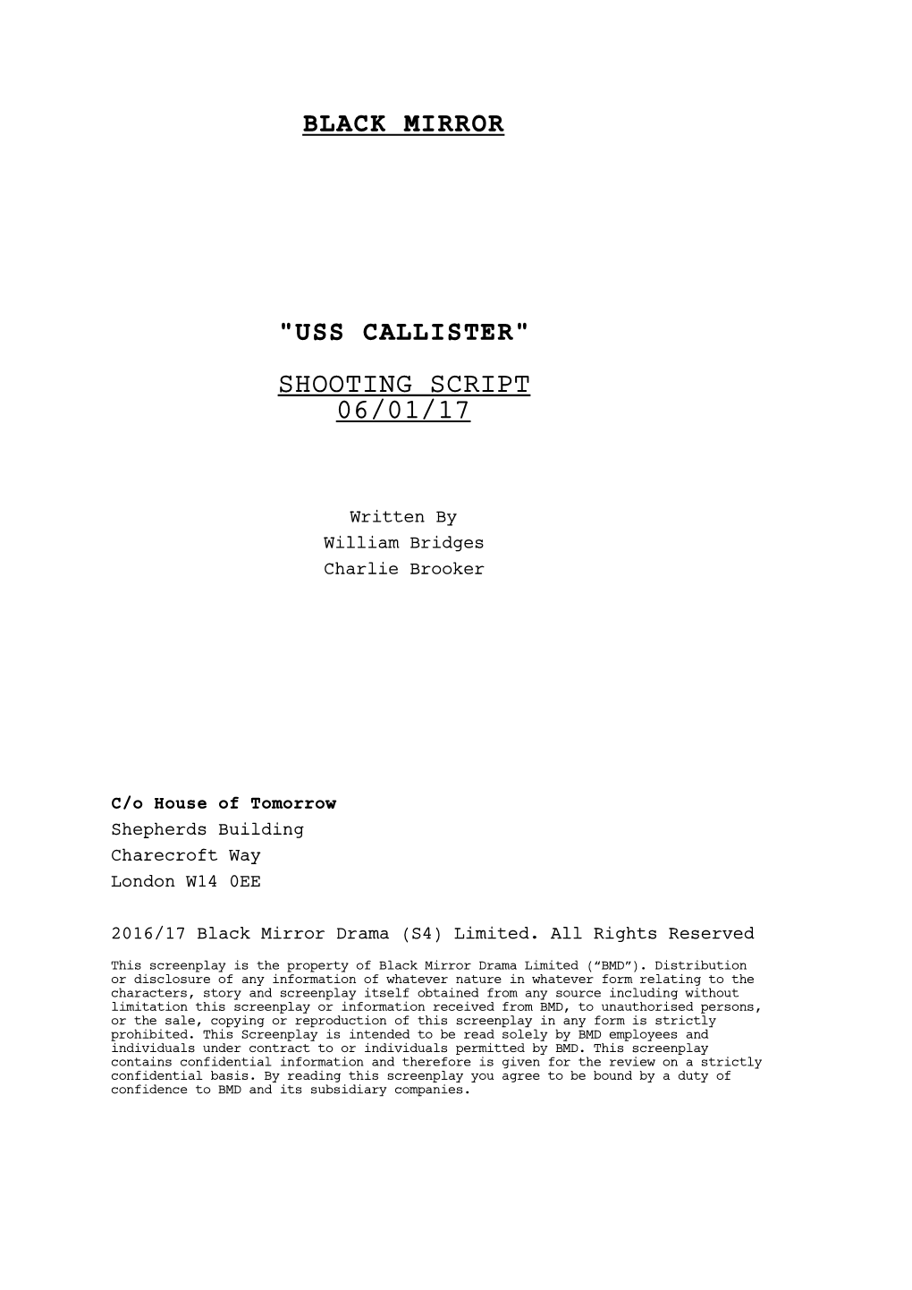 Uss Callister" Shooting Script 06/01/17
