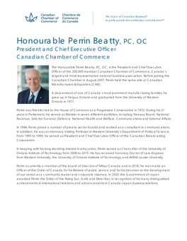 Perrin Beatty, PC, OC President and Chief Executive Officer Canadian Chamber of Commerce