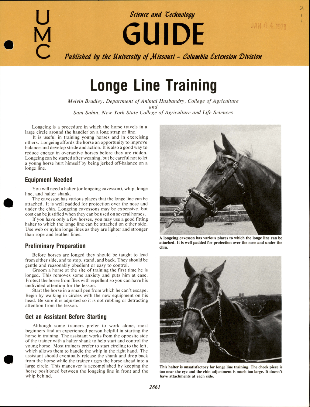 Longe Line Training Melvin Bradley, Department of Animal Husbandry, College of Agriculture and Sam Sabin, New York State College of Agriculture and Life Sciences
