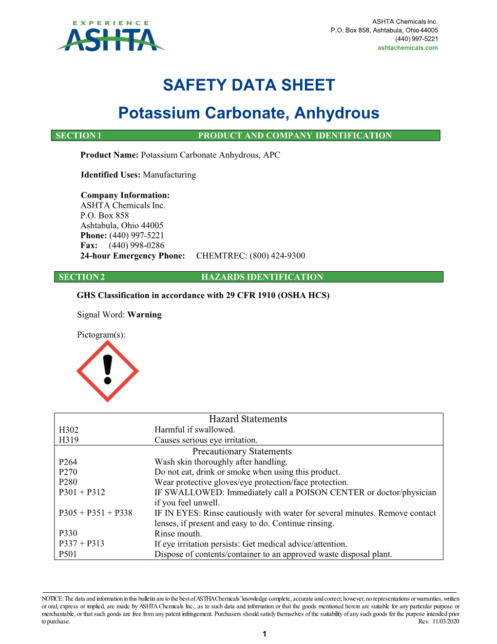 SAFETY DATA SHEET Potassium Carbonate, Anhydrous SECTION 1 PRODUCT and COMPANY IDENTIFICATION