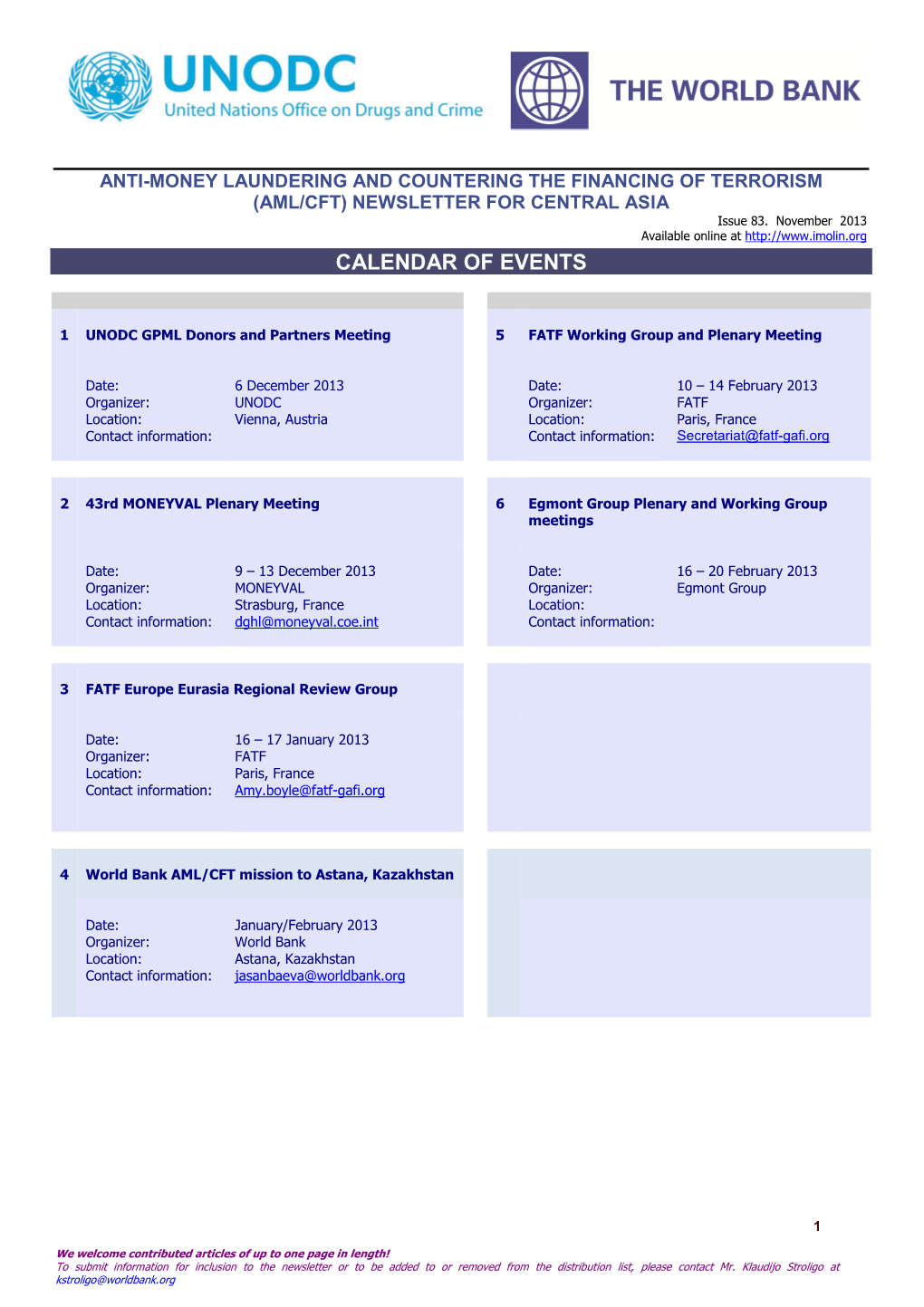 The World Bank UNODC AML CFT Newsletter, November 2013