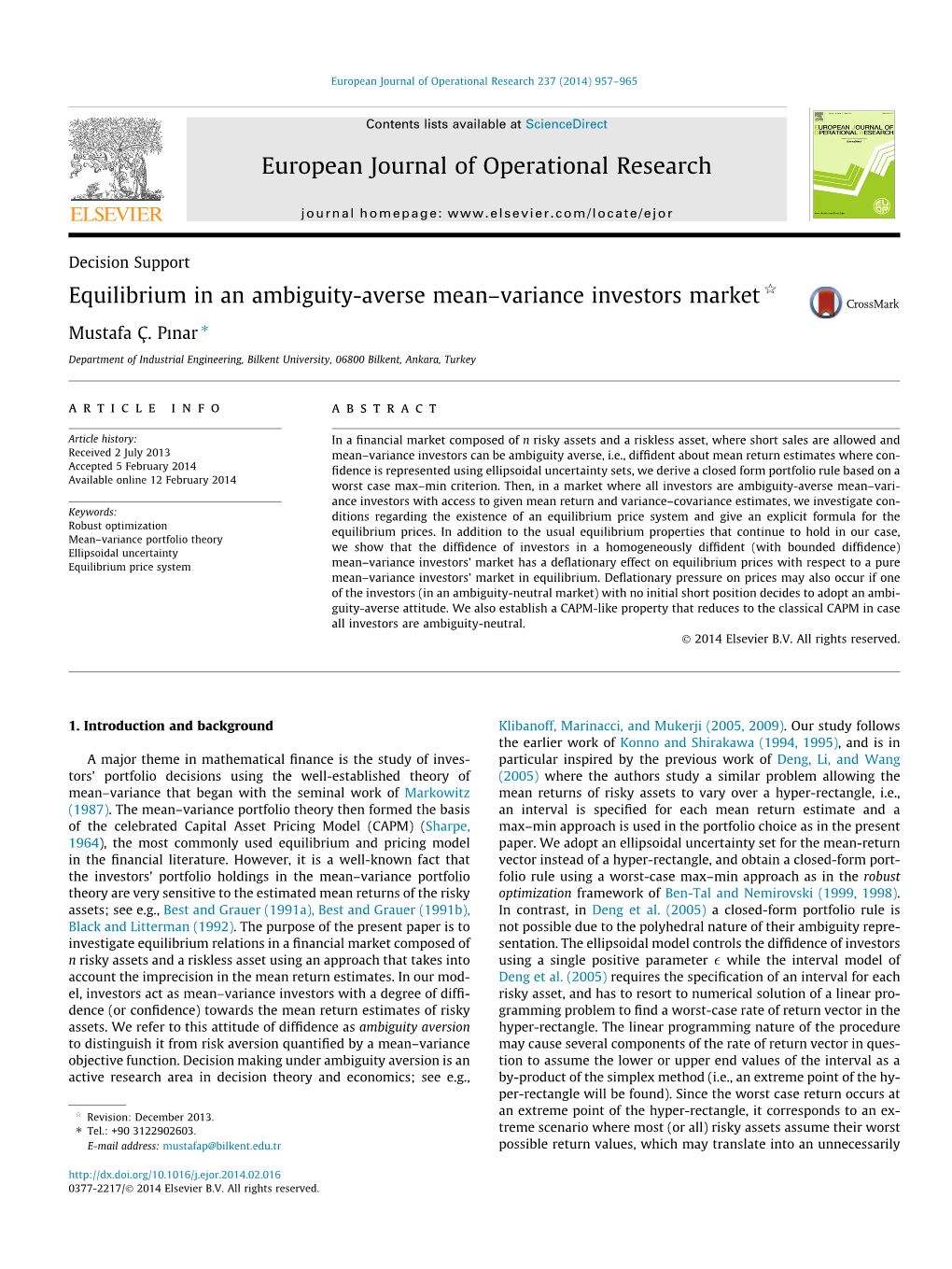 Equilibrium in an Ambiguity-Averse Meanв€“Variance Investors Market