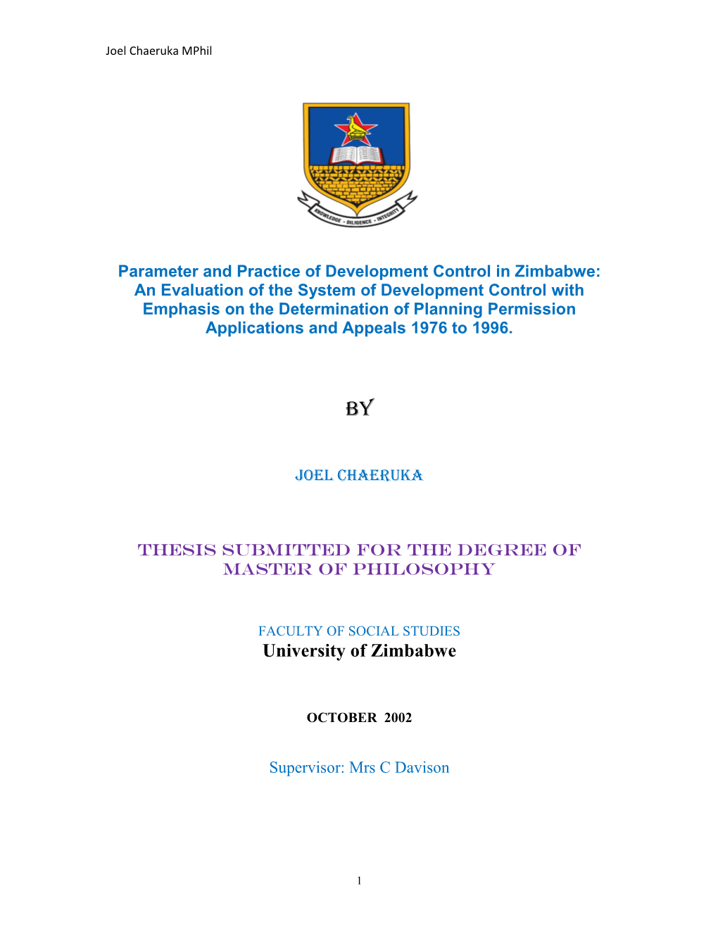 Parameter and Practice of Development Control in Zimbabwe