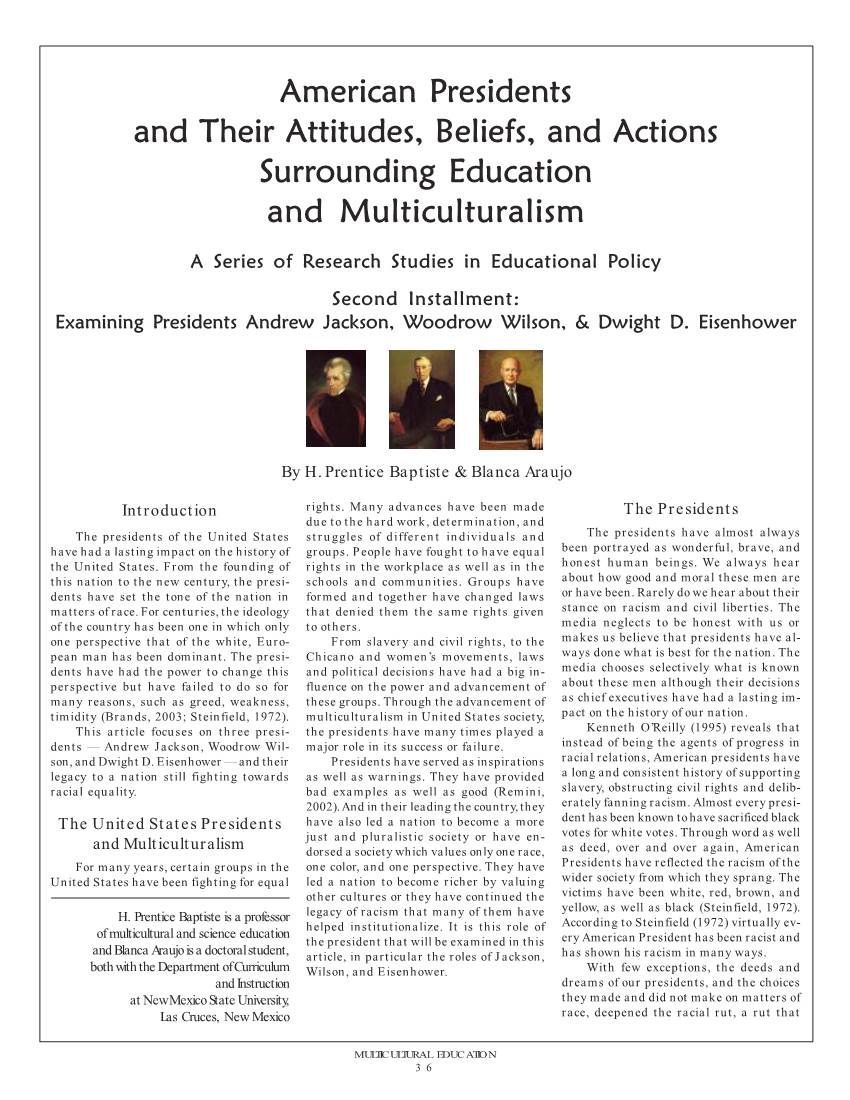 American Presidents and Their Attitudes, Beliefs, and Actions Surrounding Education and Multiculturalism