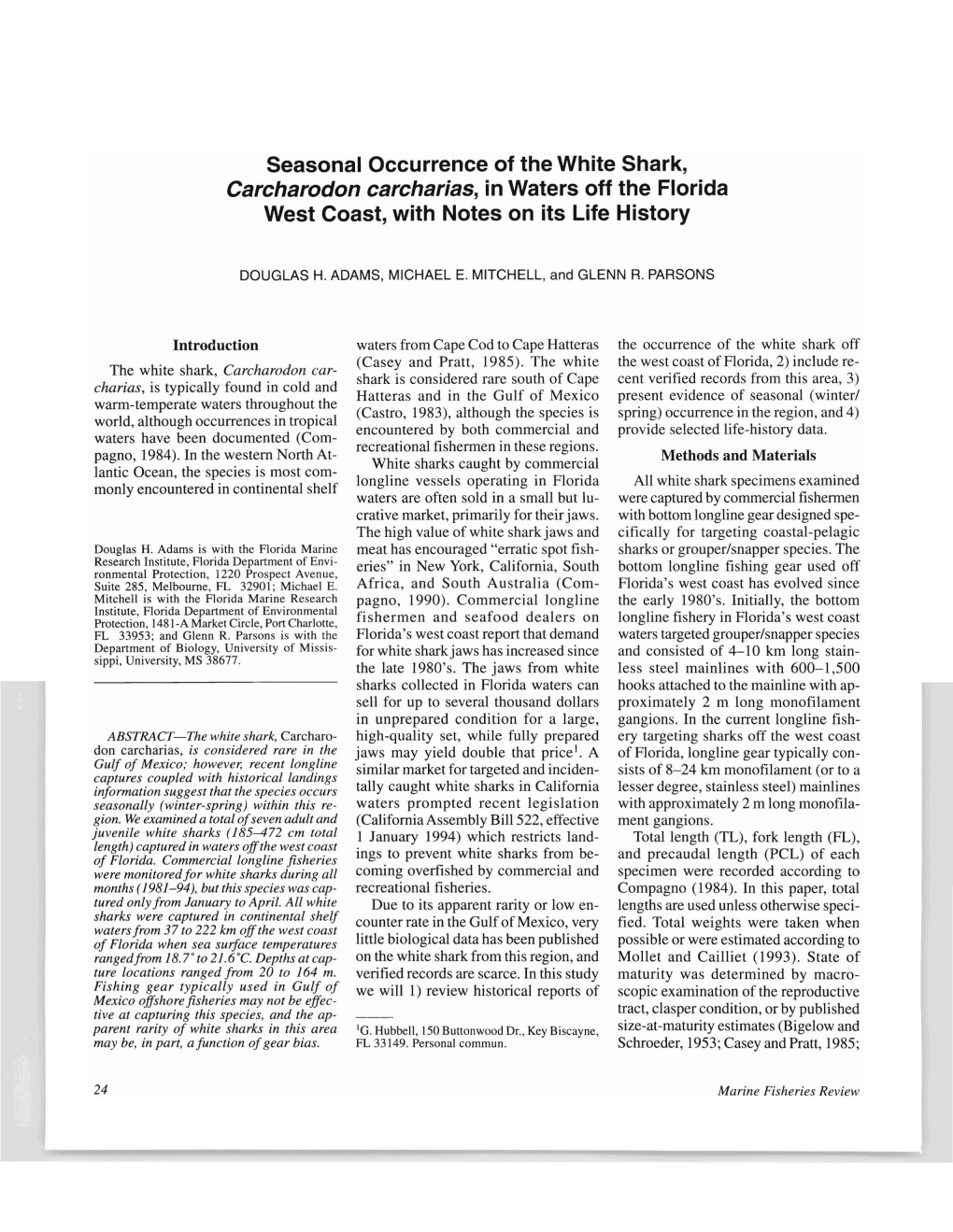 Seasonal Occurrence of the White Shark, Carcharodon Carcharias, in Waters Off the Florida West Coast, with Notes on Its Life History