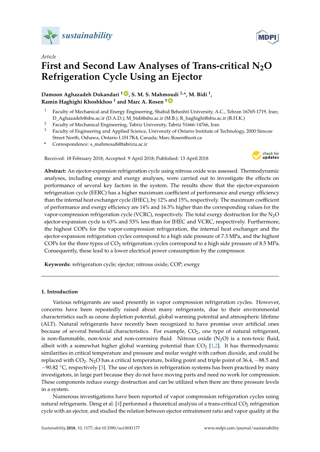 First and Second Law Analyses of Trans-Critical N2O Refrigeration Cycle Using an Ejector