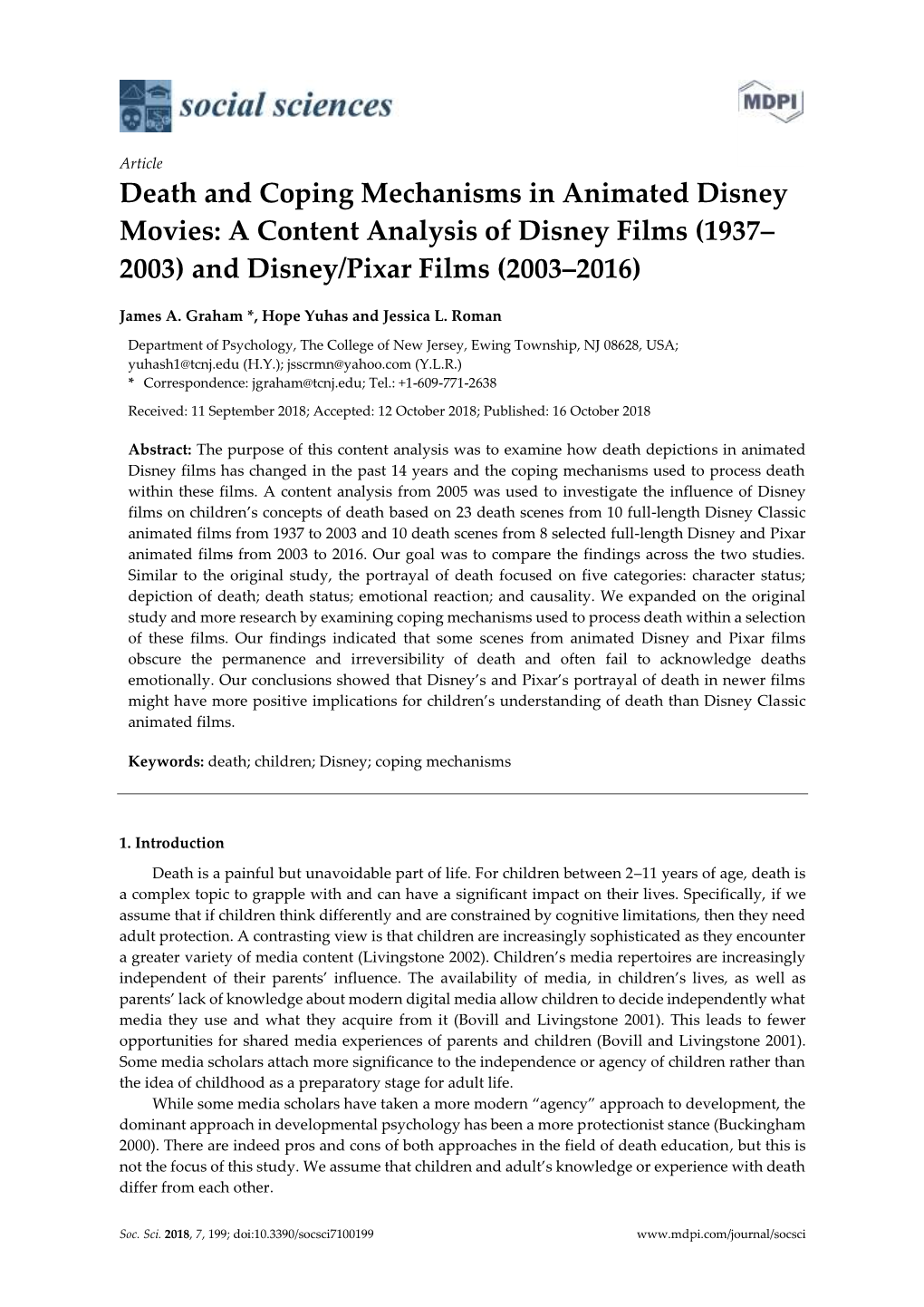 Death and Coping Mechanisms in Animated Disney Movies: a Content Analysis of Disney Films (1937– 2003) and Disney/Pixar Films (2003–2016)