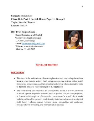 Novel of Protest Lecture No: 27 By: Prof. Sunita
