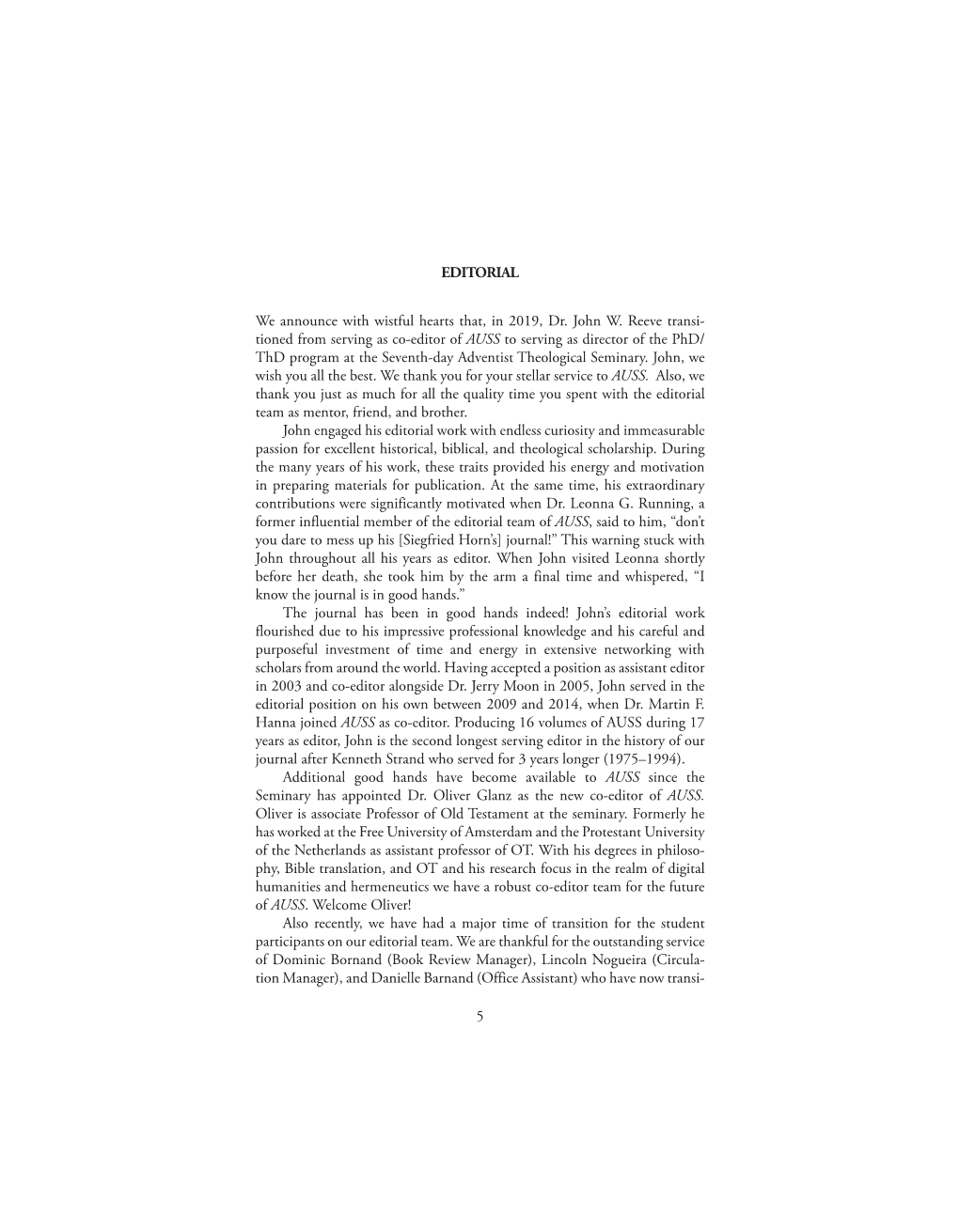 Tioned from Serving As Co-Editor of AUSS to Serving As Director of the Phd/ Thd Program at the Seventh-Day Adventist Theological Seminary