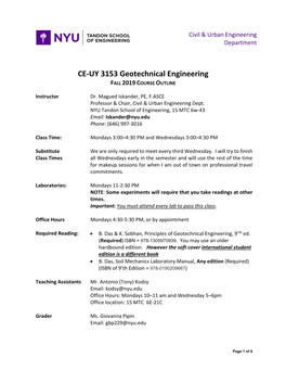 CE-UY 3153 Geotechnical Engineering FALL 2019 COURSE OUTLINE