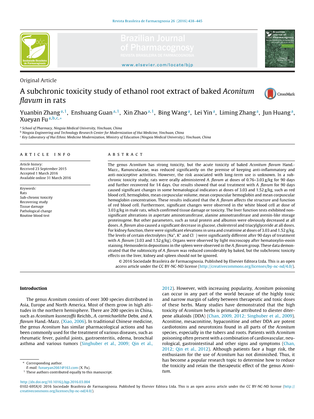 A Subchronic Toxicity Study of Ethanol Root Extract of Baked Aconitum