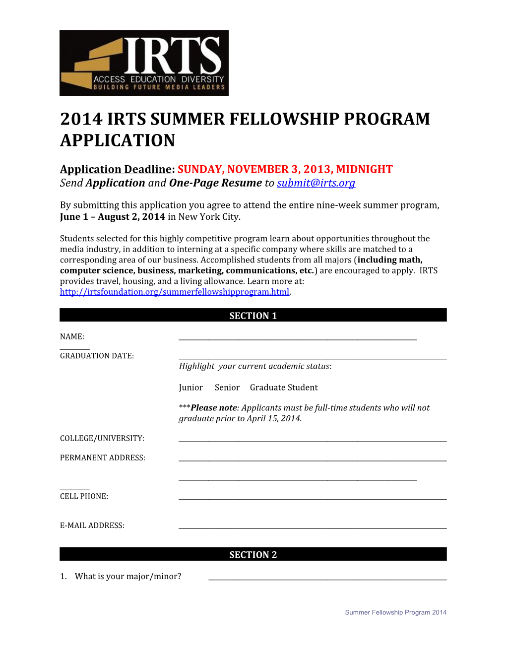 20002 IRTS Foundation Summer Fellowship Program Application