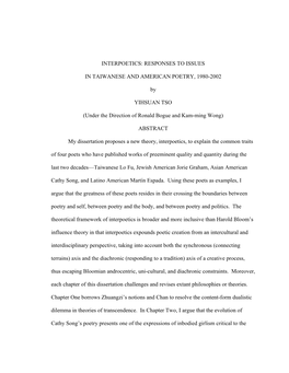 INTERPOETICS: RESPONSES to ISSUES in TAIWANESE and AMERICAN POETRY, 1980-2002 by YIHSUAN TSO (Under the Direction of Ronald