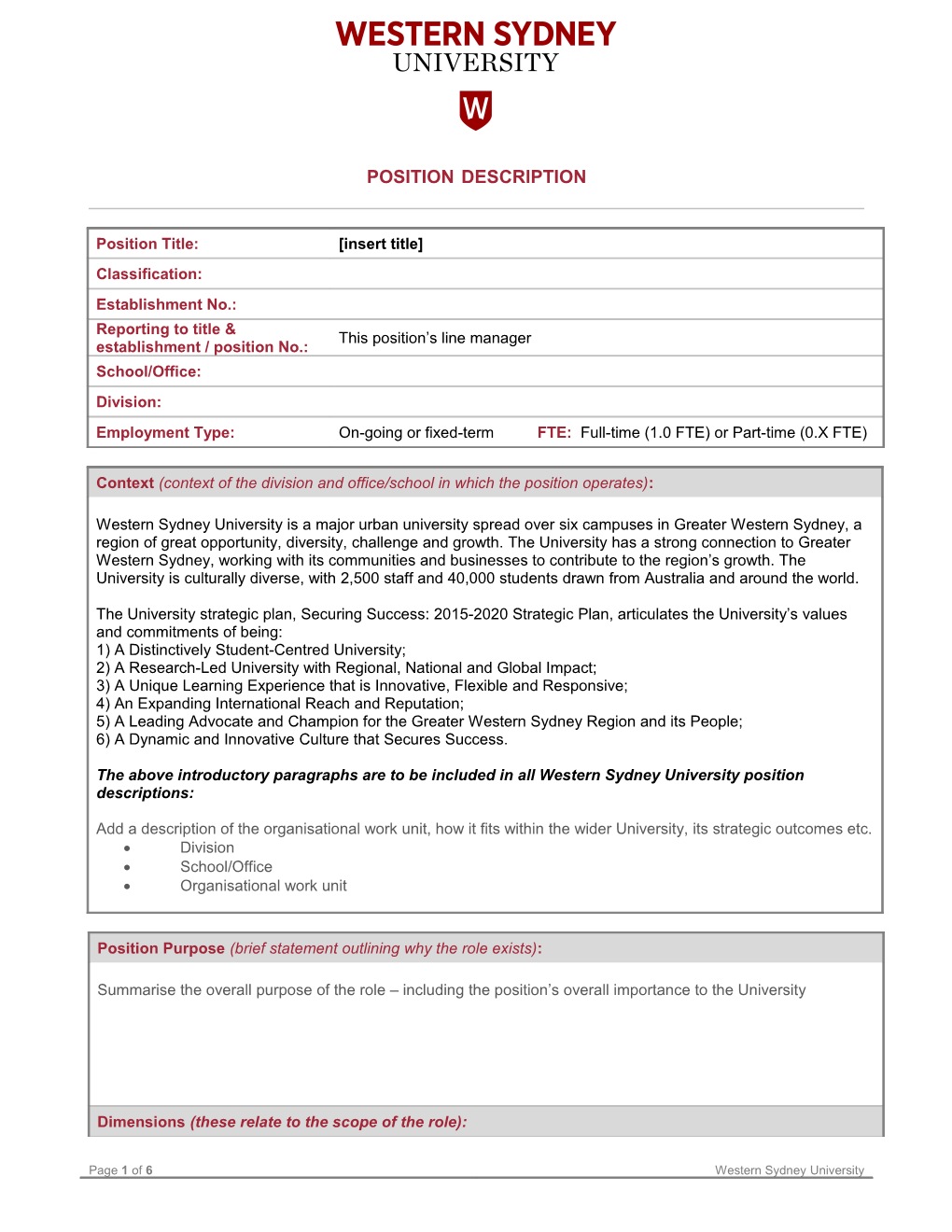 UWS Position Description Template