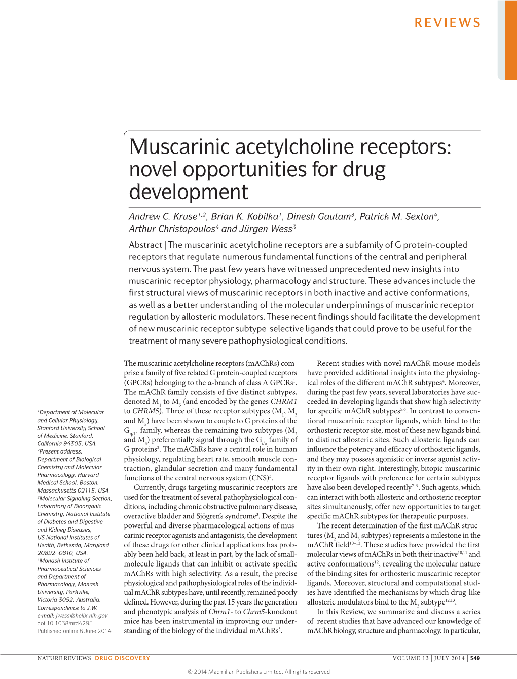 Muscarinic Acetylcholine Receptors: Novel Opportunities for Drug Development Andrew C