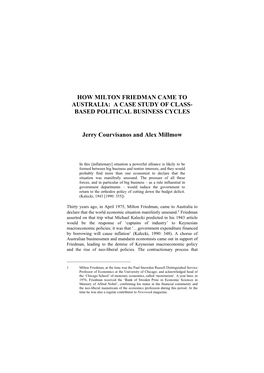 How Milton Friedman Came to Australia: a Case Study of Class- Based Political Business Cycles