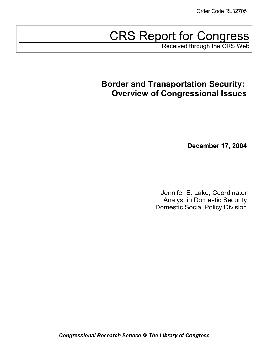 Border and Transportation Security: Overview of Congressional Issues