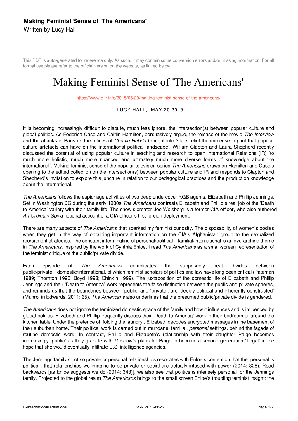 Making Feminist Sense of 'The Americans' Written by Lucy Hall