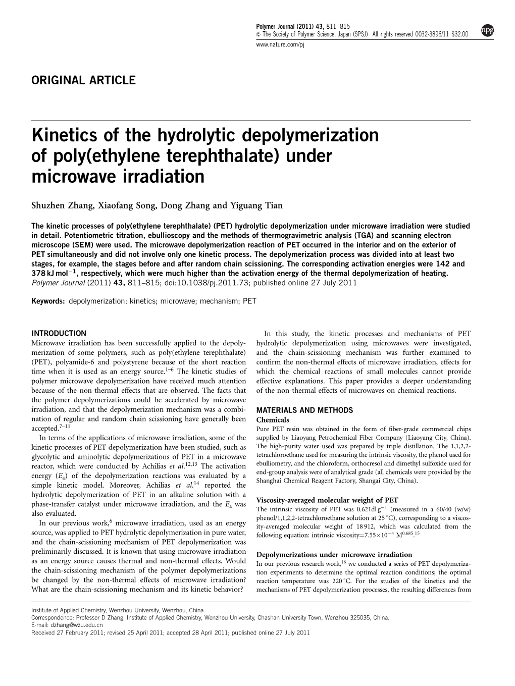 Kinetics of the Hydrolytic Depolymerization of Poly(Ethylene Terephthalate) Under Microwave Irradiation