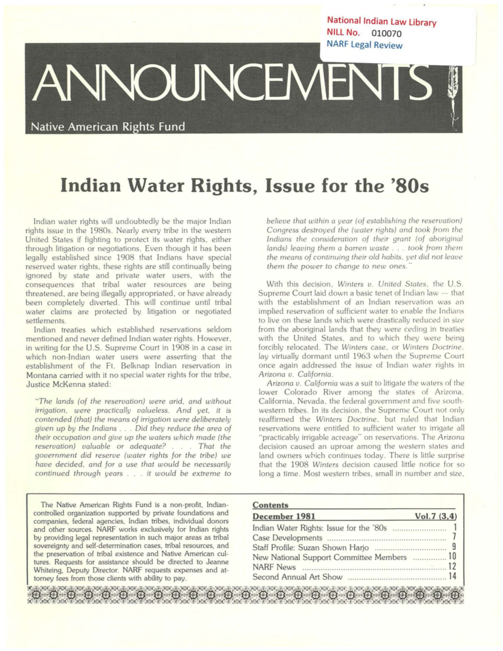 Indian Water Rights, Issue for the '80S