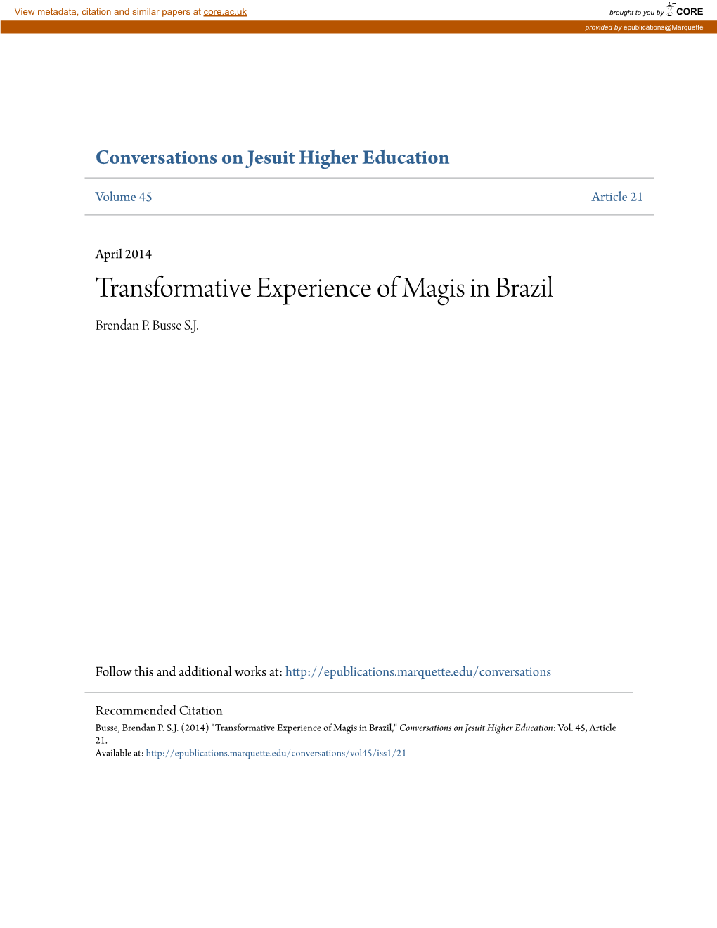 Transformative Experience of Magis in Brazil Brendan P
