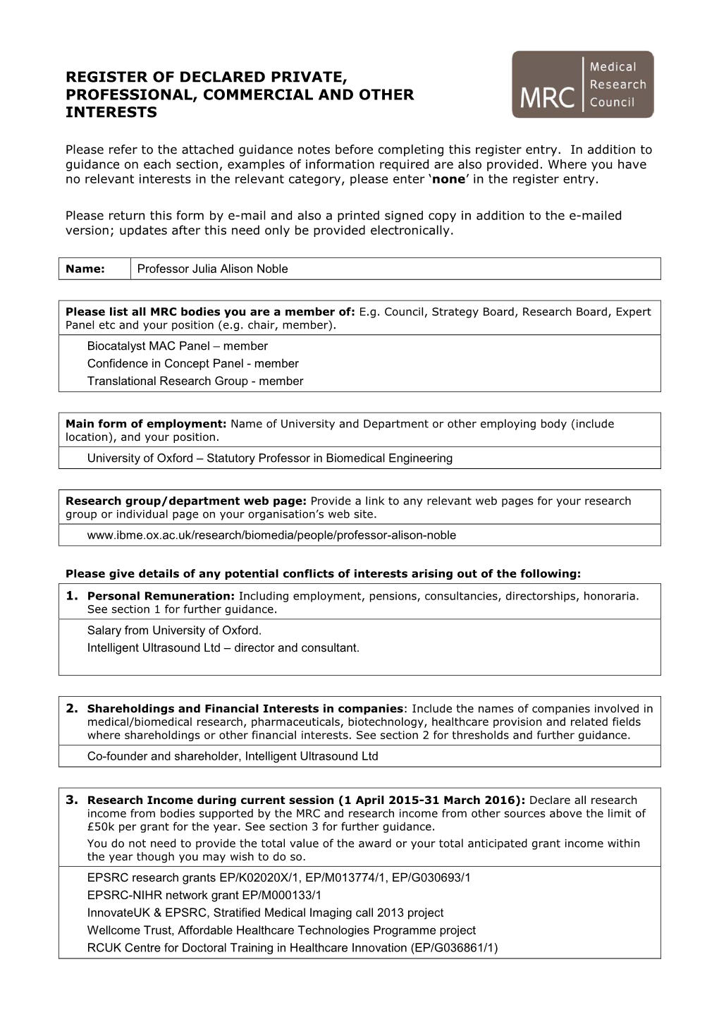 Register of Declared Private, Professional, Commercial and Other Interests