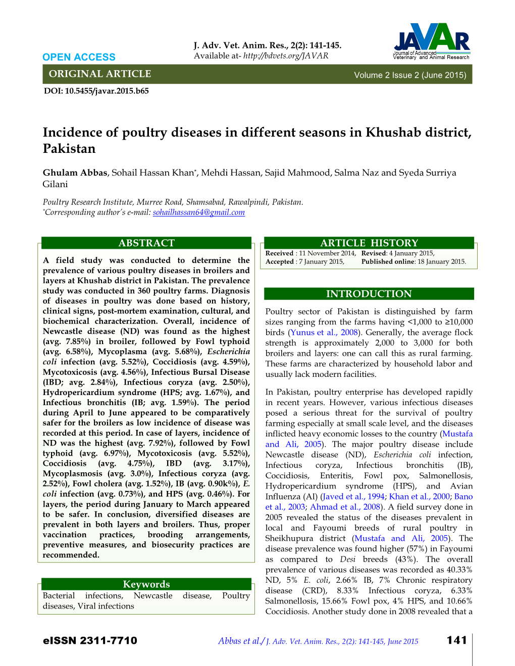 Incidence of Poultry Diseases in Different Seasons in Khushab District, Pakistan