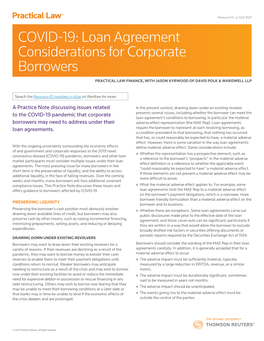 COVID-19: Loan Agreement Considerations for Corporate Borrowers