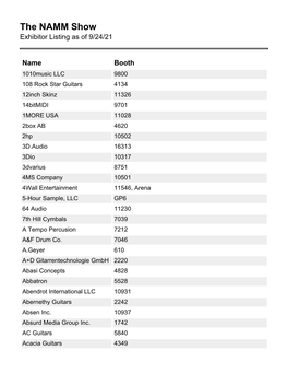 Exhibitor Listing As of 9/24/21