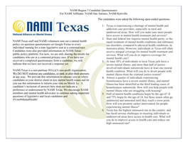 NAMI Region 7 Candidate Questionnaire for NAMI Affiliates: NAMI San Antonio, NAMI Kerrville the Candidates Were Asked the Following Open-Ended Questions