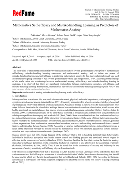 Mathematics Self-Efficacy and Mistake-Handling Learning As Predictors of Mathematics Anxiety