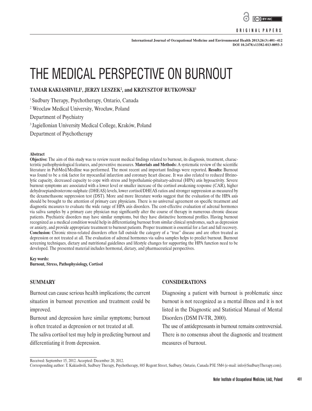 The Medical Perspective on Burnout