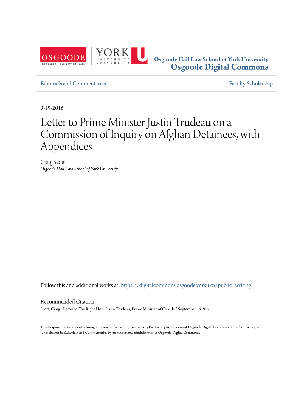 Letter to Prime Minister Justin Trudeau on a Commission of Inquiry on Afghan Detainees, with Appendices Craig Scott Osgoode Hall Law School of York University