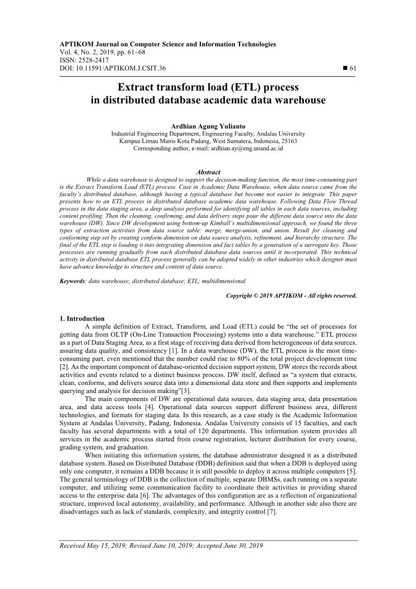 Extract Transform Load (ETL) Process in Distributed Database Academic Data Warehouse