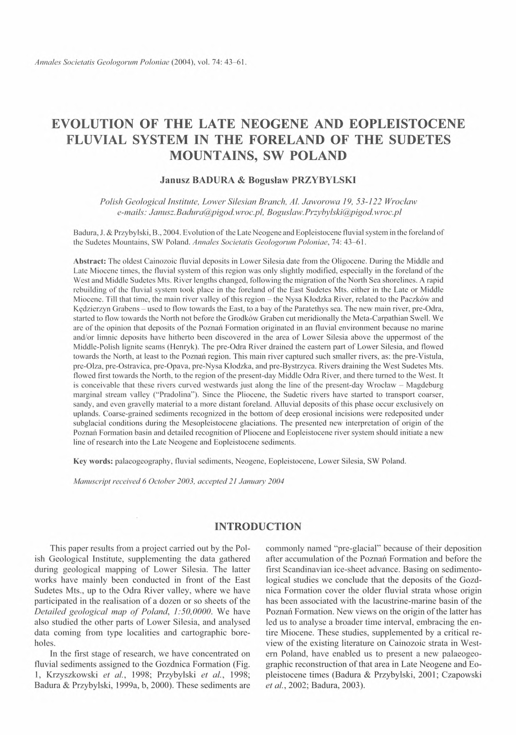 Evolution of the Late Neogene and Eopleistocene Fluvial System in the Foreland of the Sudetes Mountains, Sw Poland