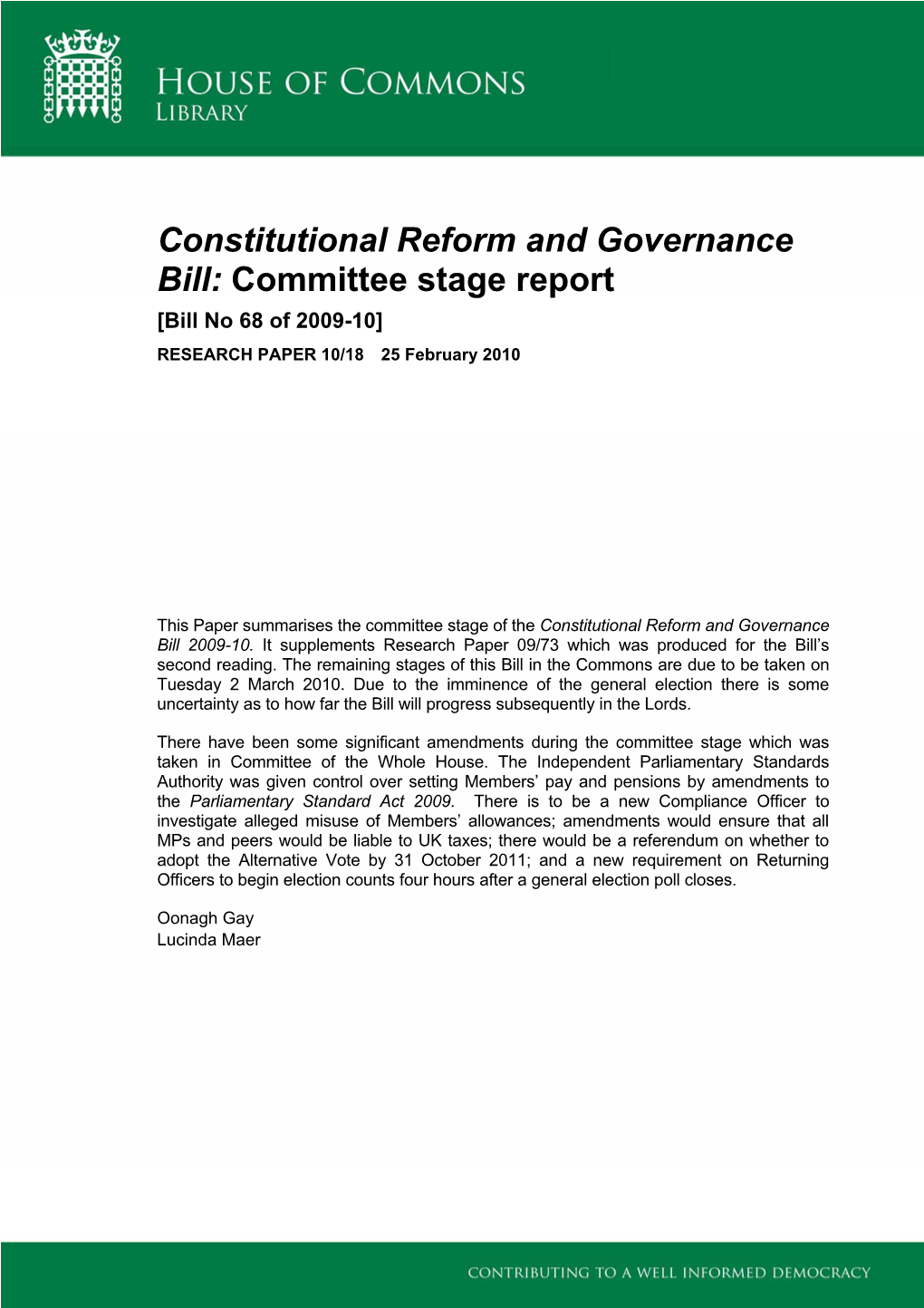Constitutional Reform and Governance Bill: Committee Stage Report [Bill No 68 of 2009-10] RESEARCH PAPER 10/18 25 February 2010