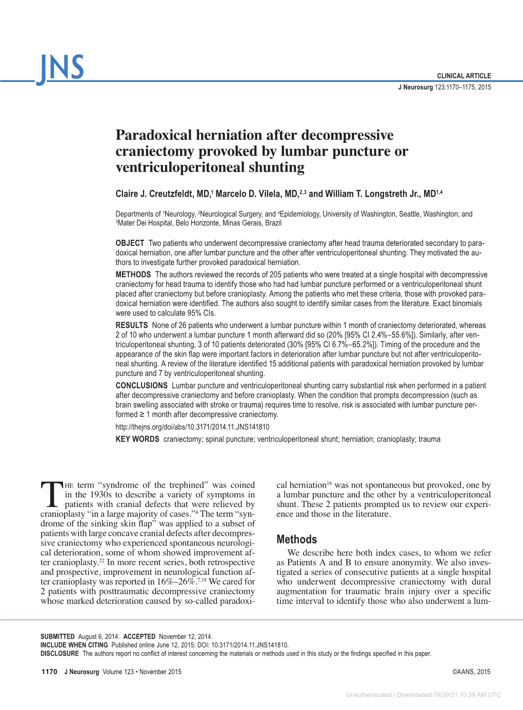 Paradoxical Herniation After Decompressive Craniectomy Provoked by Lumbar Puncture Or Ventriculoperitoneal Shunting