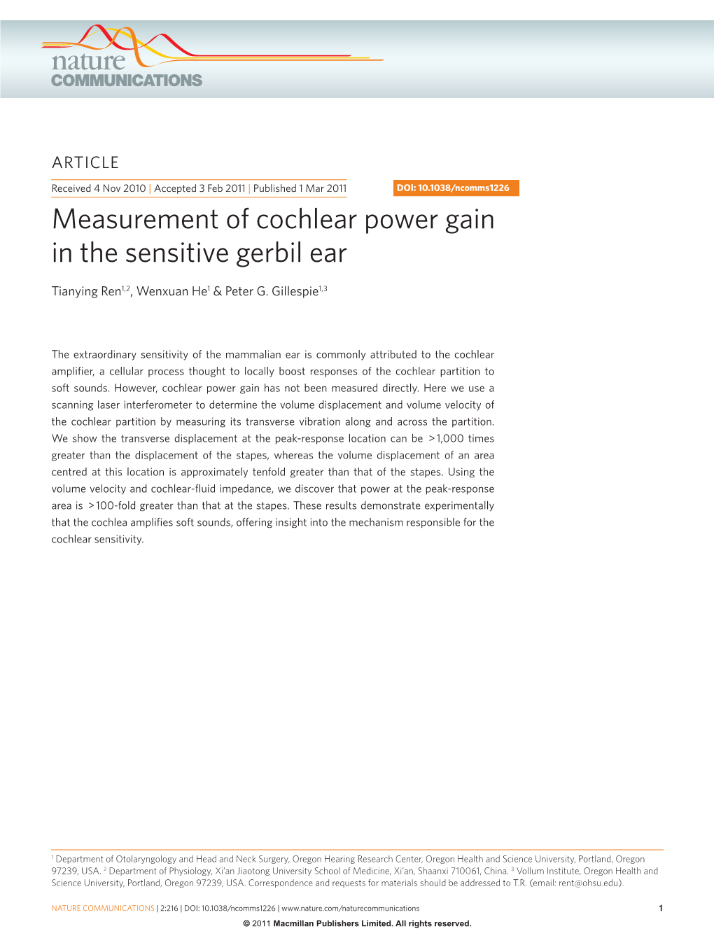 Measurement of Cochlear Power Gain in the Sensitive Gerbil Ear