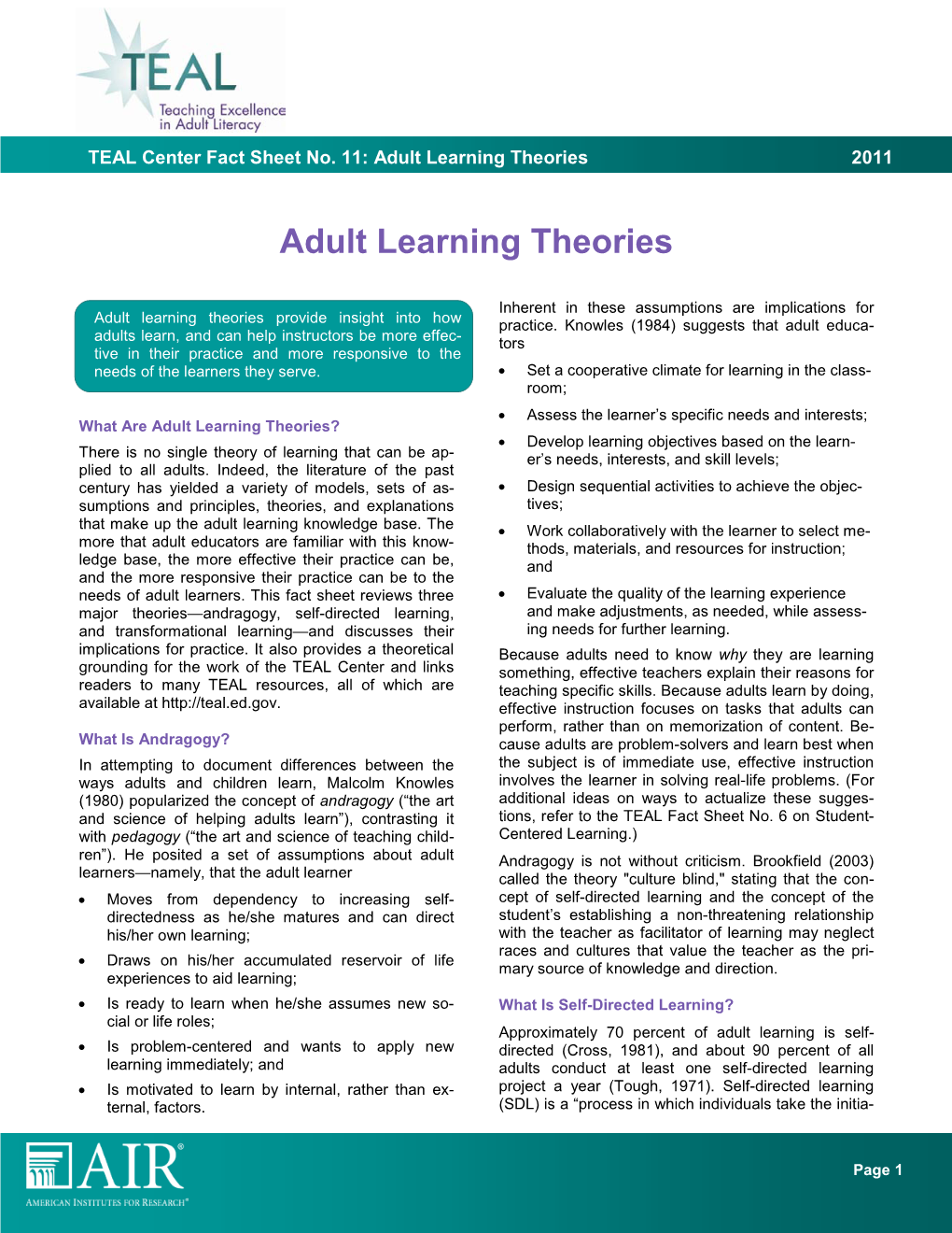 Adult Learning Theories 2011