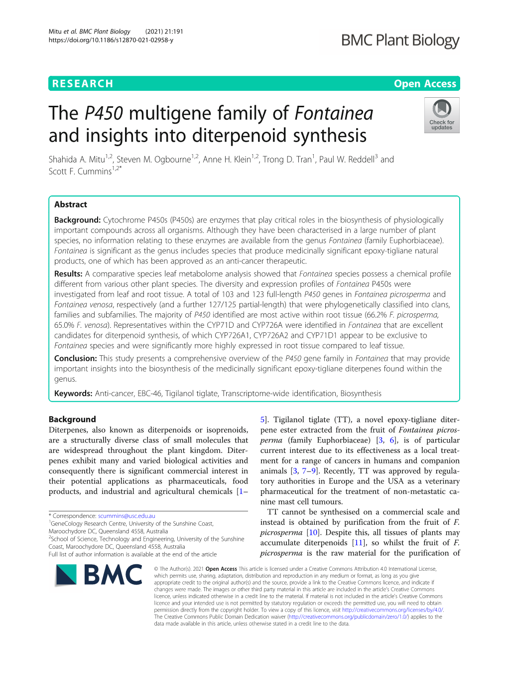 The P450 Multigene Family of Fontainea and Insights Into Diterpenoid Synthesis Shahida A