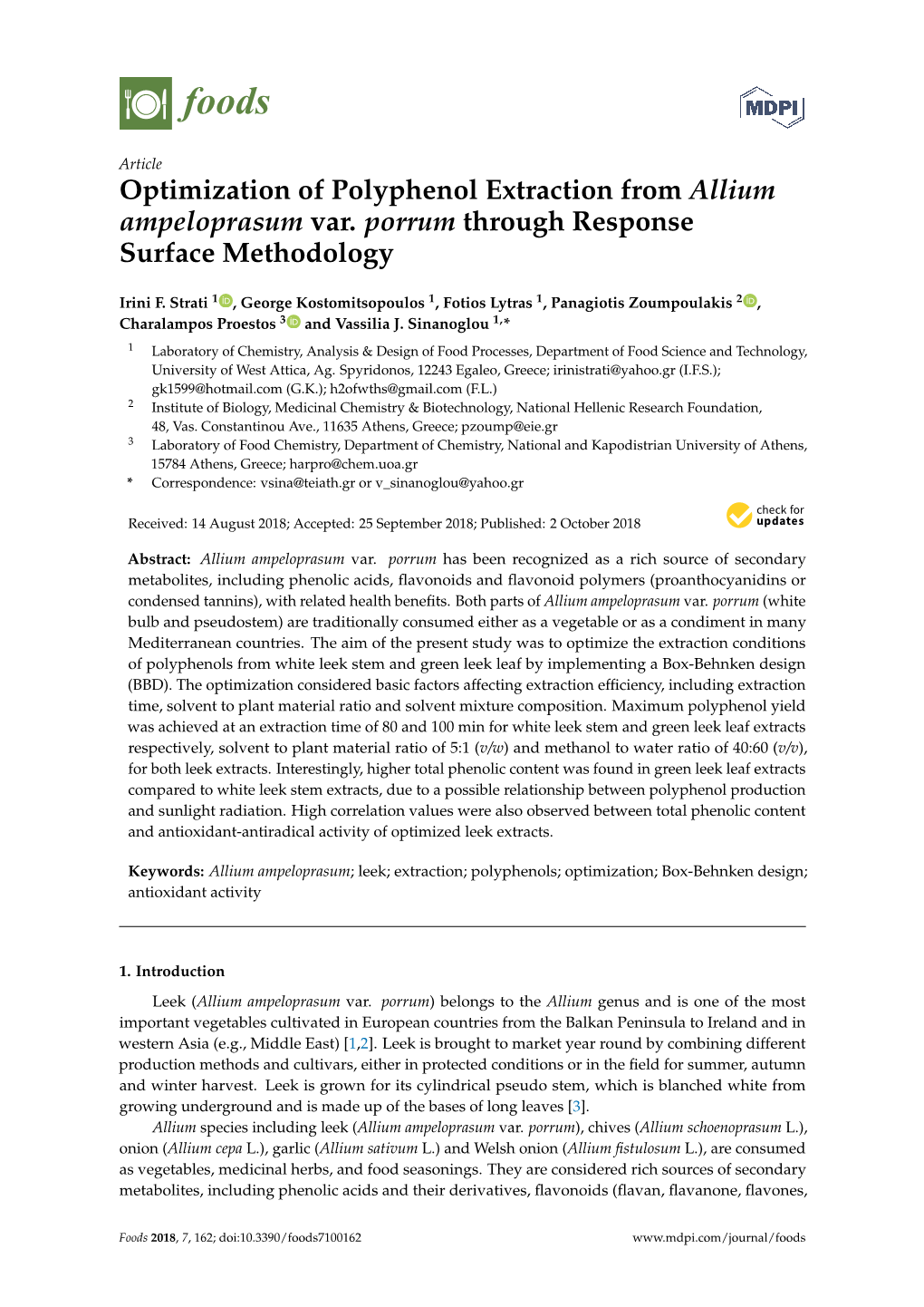 Optimization of Polyphenol Extraction from Allium Ampeloprasum Var. Porrum Through Response Surface Methodology