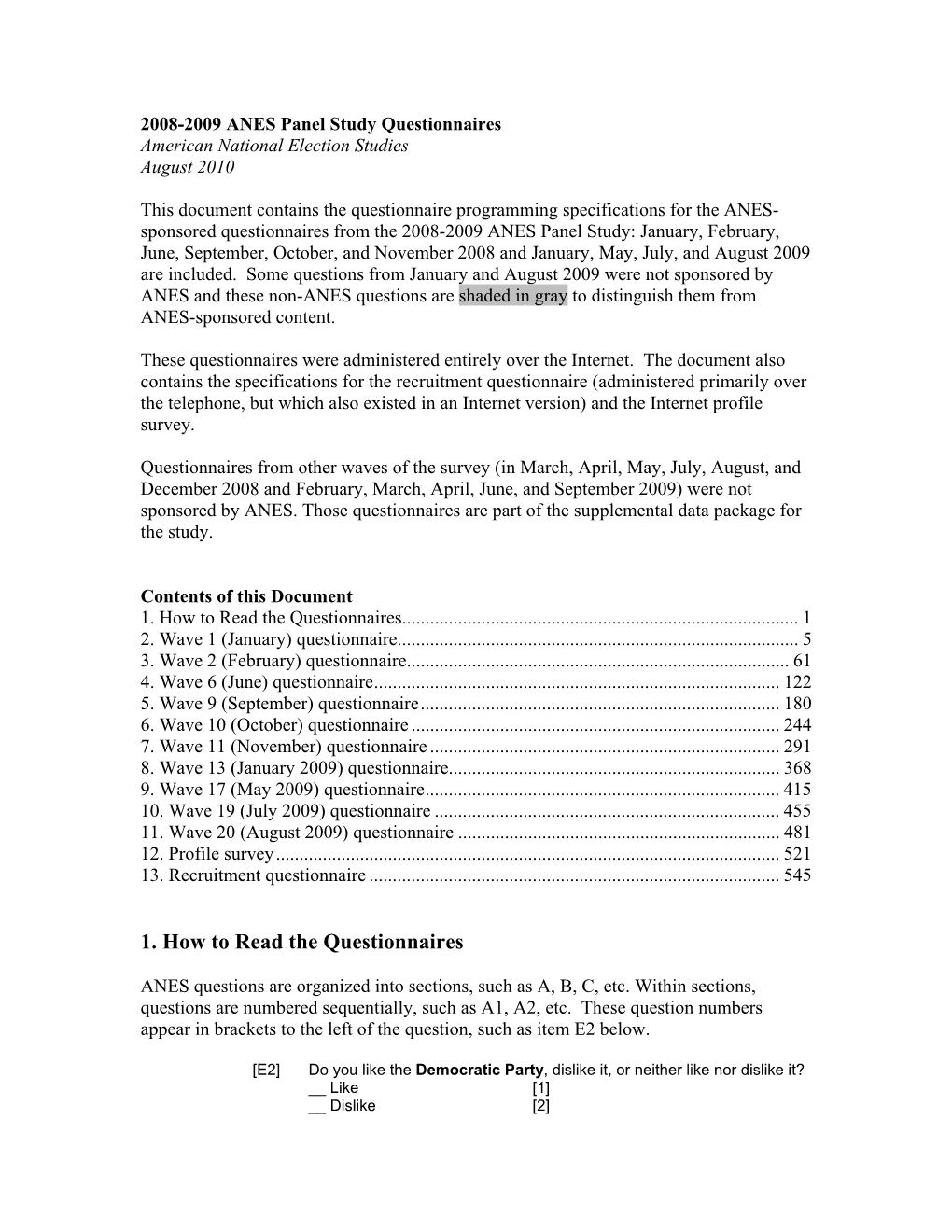 2008-2009 ANES Panel Study Questionnaires American National Election Studies August 2010