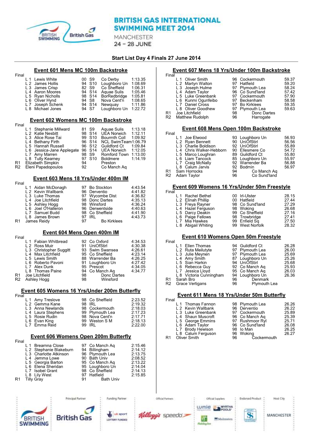 Start List Day 4 Finals 27 June 2014 Event 601 Mens MC 100M