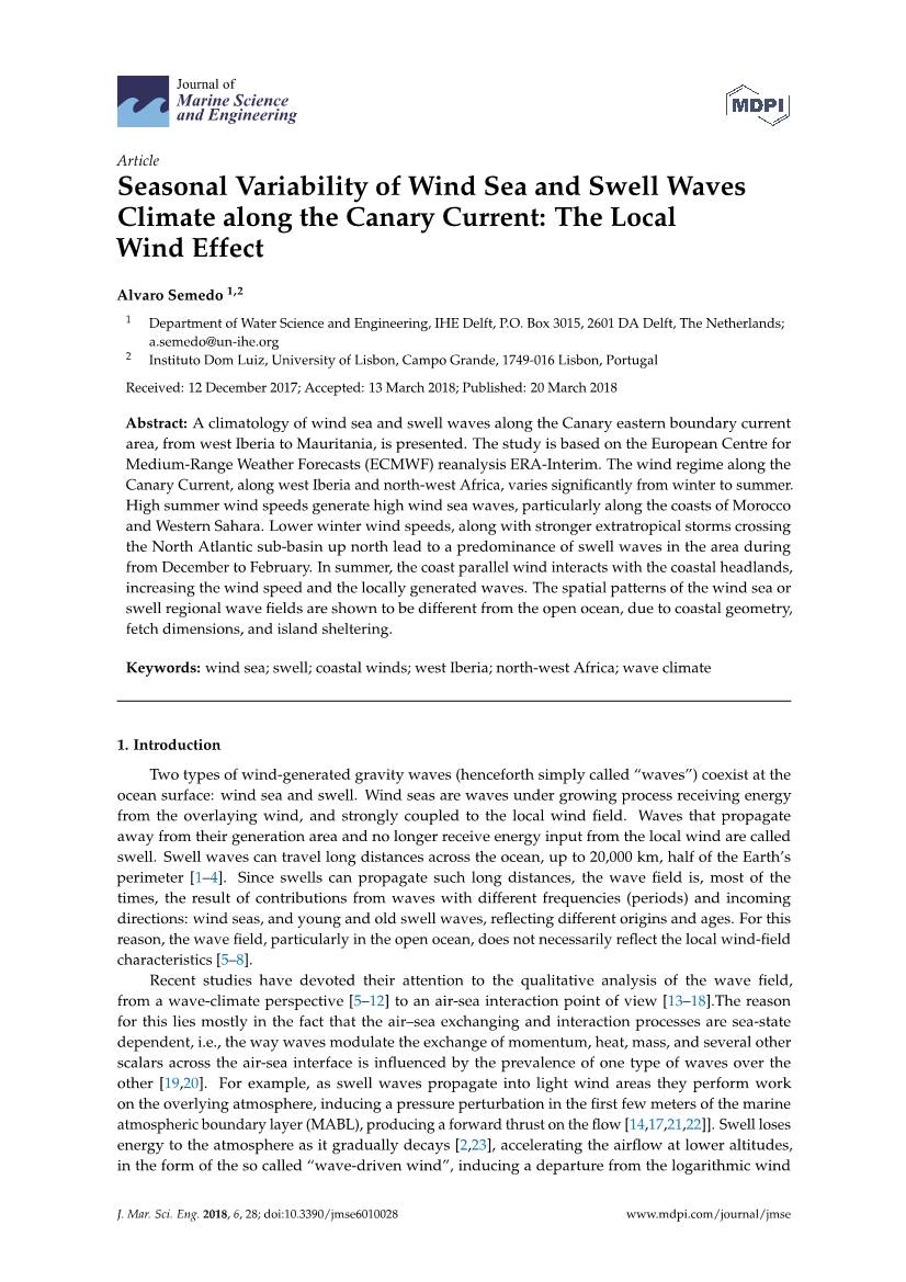 Seasonal Variability of Wind Sea and Swell Waves Climate Along the Canary Current: the Local Wind Effect
