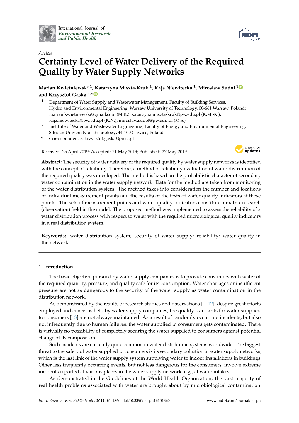 Certainty Level of Water Delivery of the Required Quality by Water Supply Networks