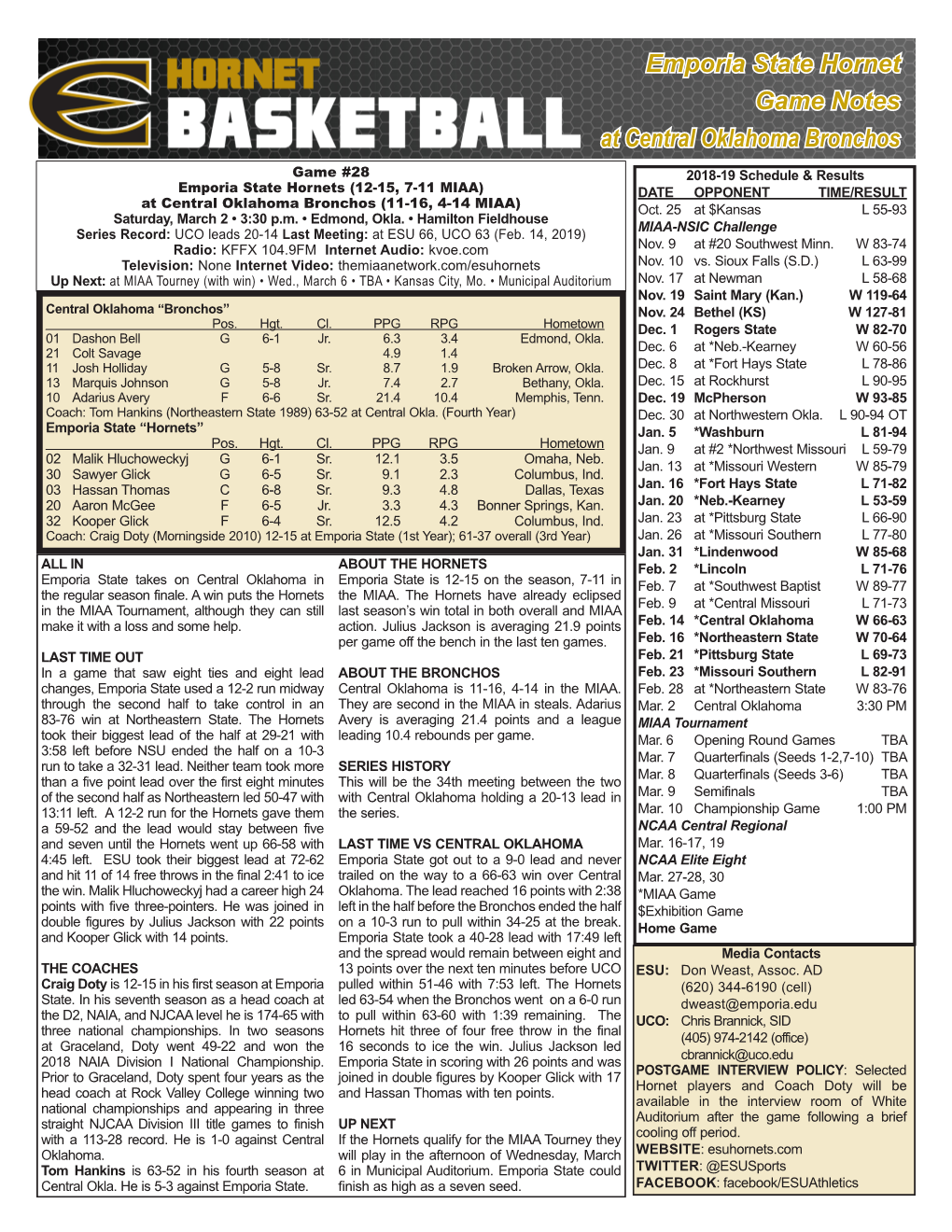 Emporia State Hornet Game Notes at Central Oklahoma Bronchos