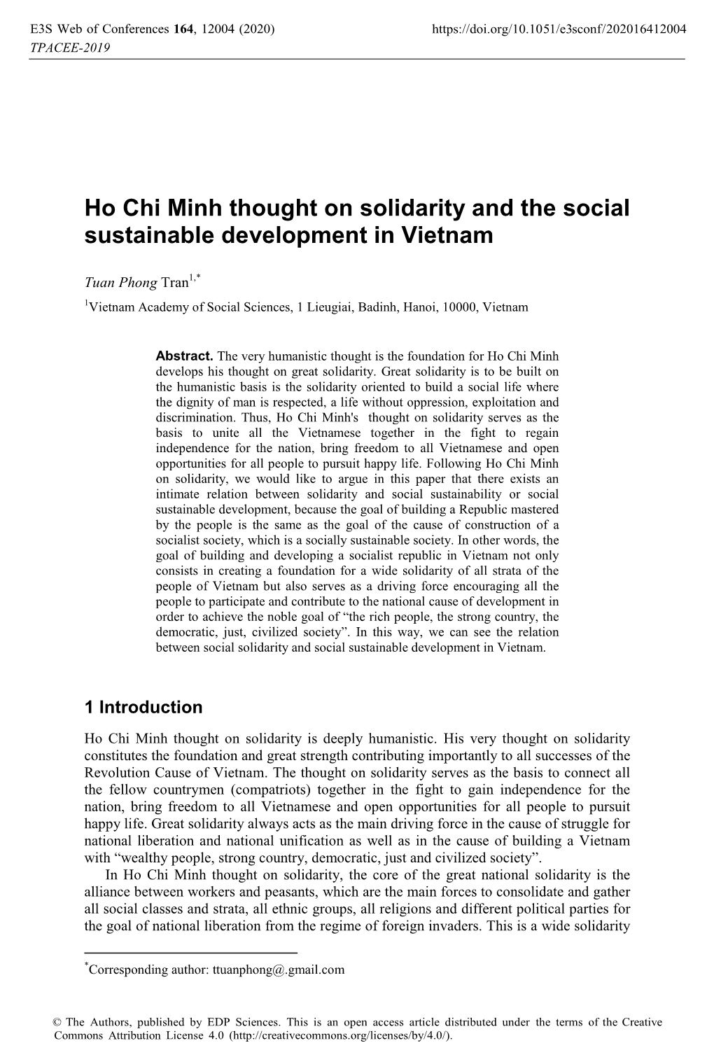 Ho Chi Minh Thought on Solidarity and the Social Sustainable Development in Vietnam